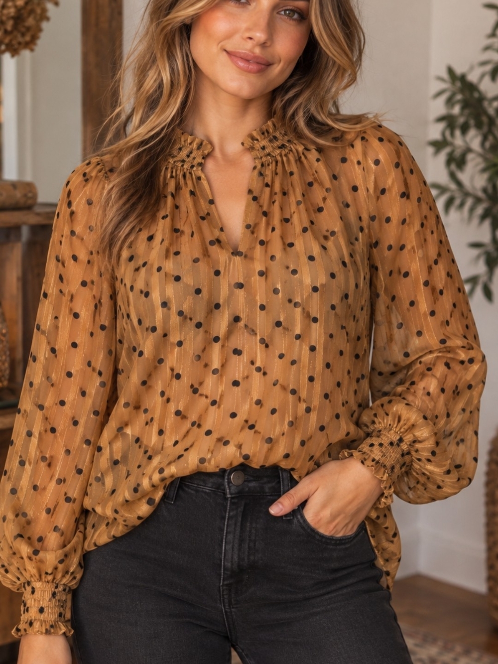Smocked Neck Polka Dot Blouse in Mustard Western Gothic